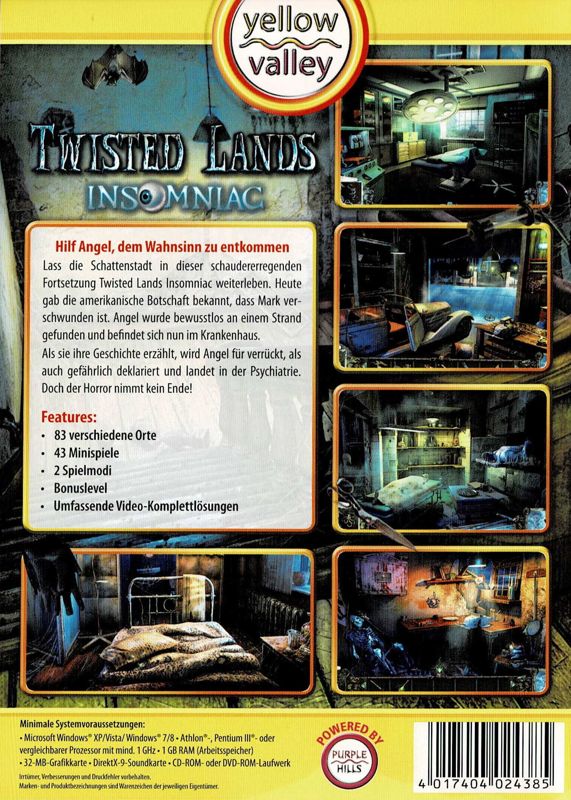 Back Cover for Twisted Lands: Insomniac (Windows) (Yellow Valley release)