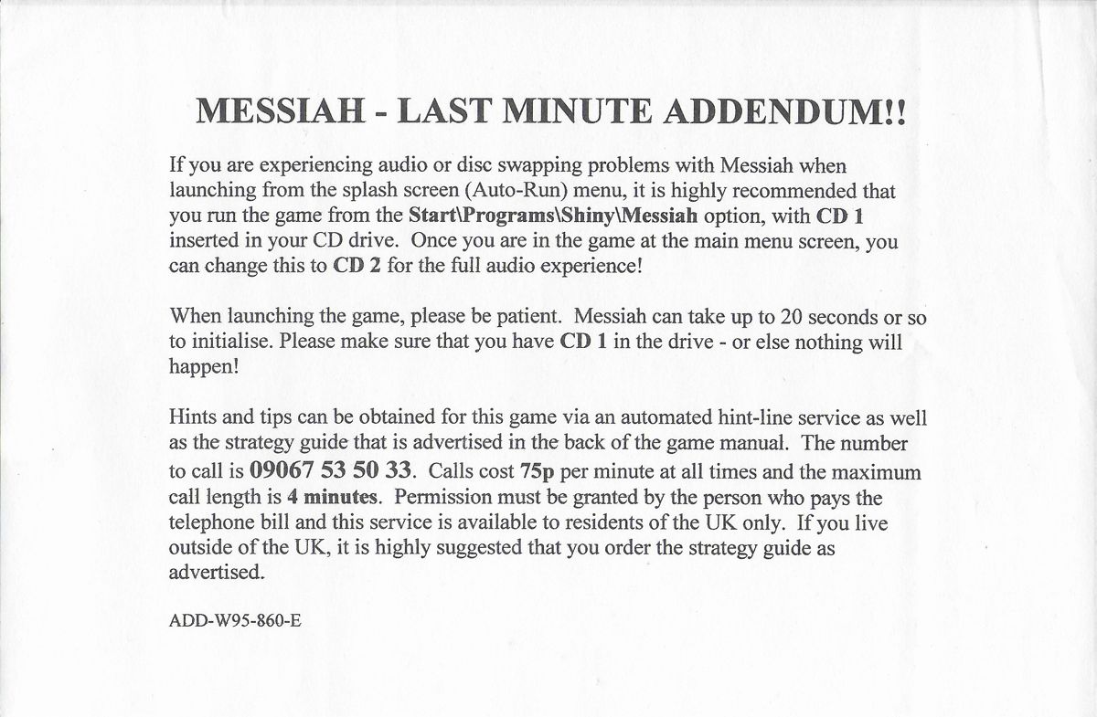 Other for Messiah (Windows): Addendum