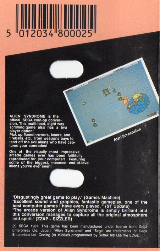 Back Cover for Alien Syndrome (Amstrad CPC) (RAD budget release)