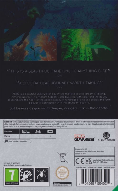 Back Cover for Abzû (Nintendo Switch) (Super Rare Games #50)