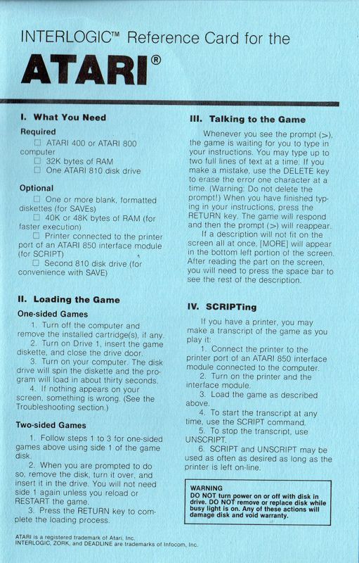 Reference Card for Deadline (Atari 8-bit) (Folio release)
