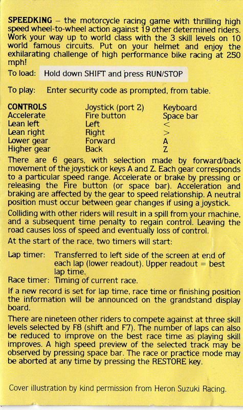 Inside Cover for Speed King (Commodore 64)