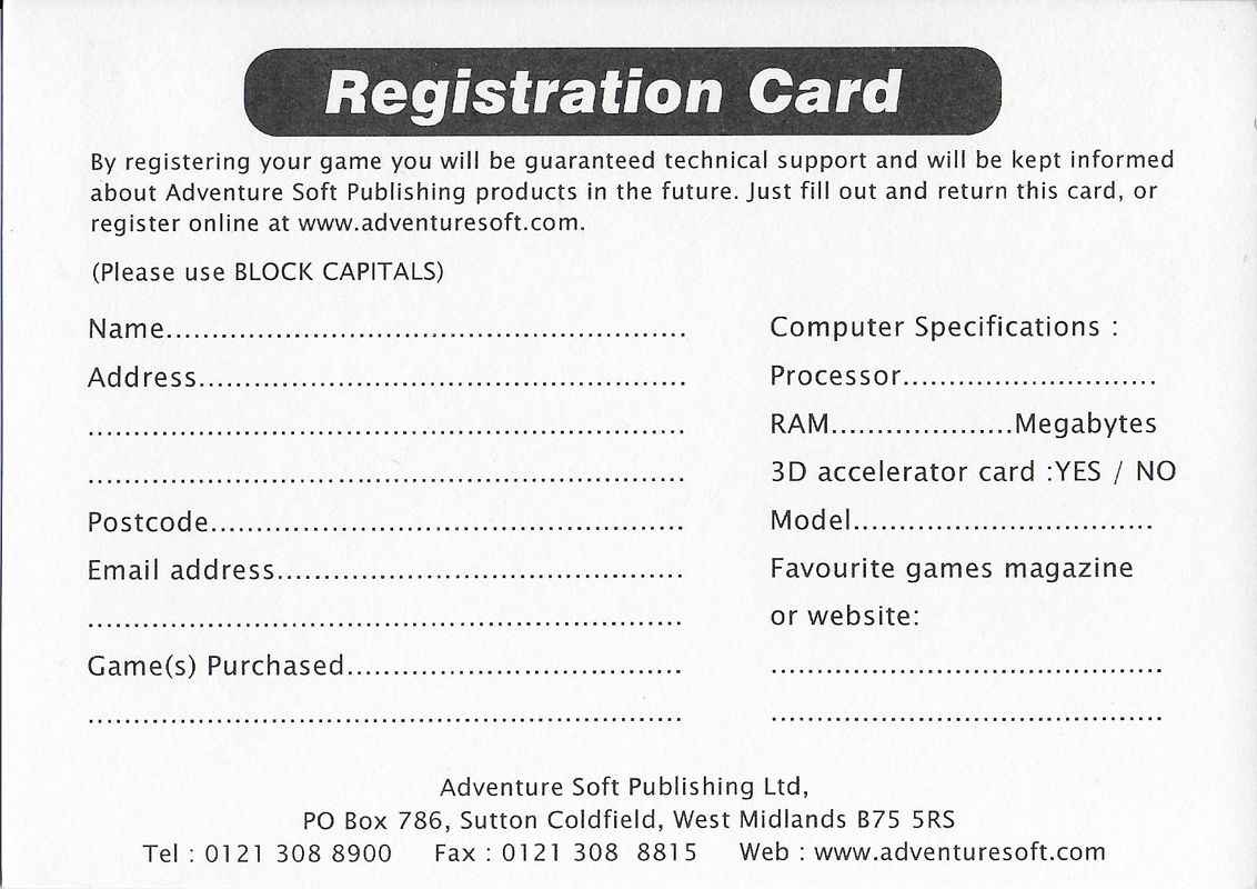 Other for Simon the Sorcerer (DOS and Windows) (1998 re-release): Registration card