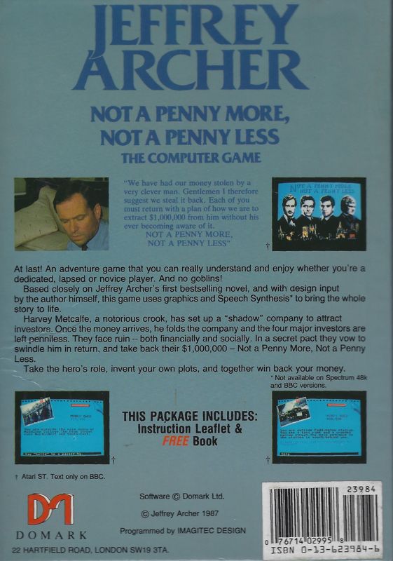 Back Cover for Jeffrey Archer: Not a Penny More, Not a Penny Less - The Computer Game (Commodore 64)
