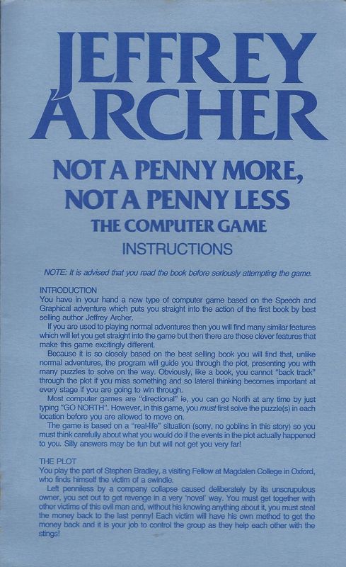 Manual for Jeffrey Archer: Not a Penny More, Not a Penny Less - The Computer Game (Commodore 64)