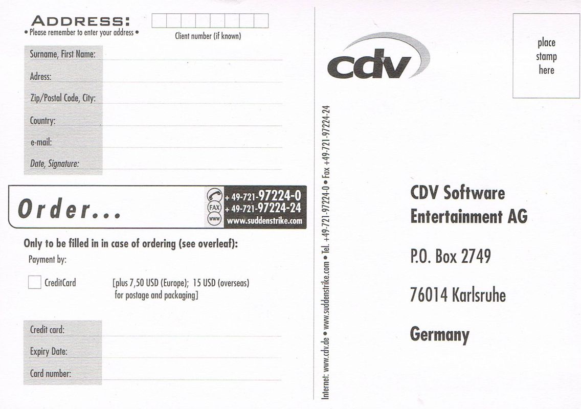 Extras for Sudden Strike (Windows): Registration Card - Front