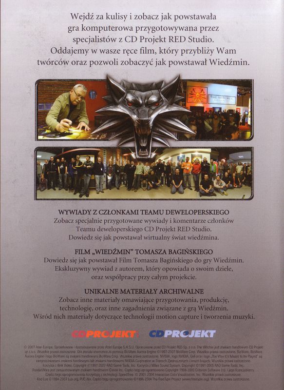 Extras for The Witcher (Limited Edition) (Windows): Keep Case (Bonus DVD) - Back Cover