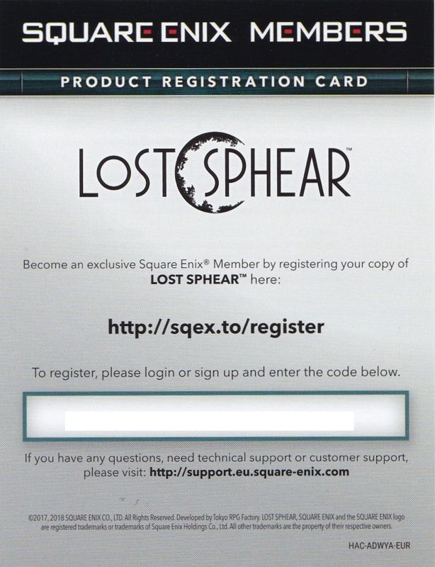 Extras for Lost Sphear (Nintendo Switch): Square Enix Registration Flyer - Front