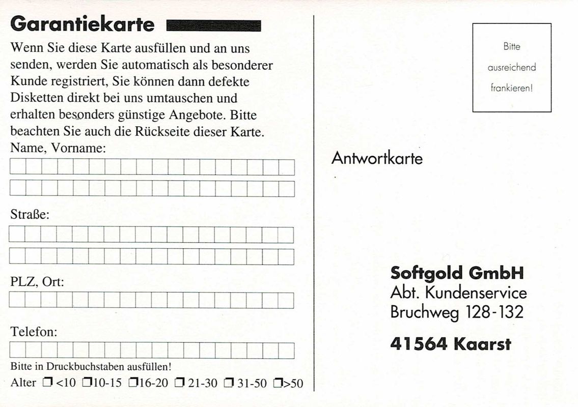Extras for Jagged Alliance (DOS) (Complete German release): Registration Card - Front