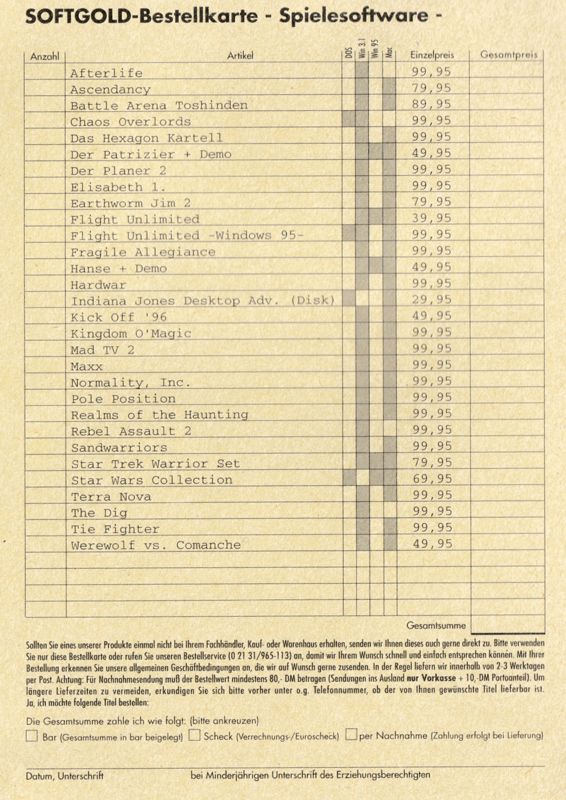 Extras for Ascendancy (DOS): Order Card - Side B