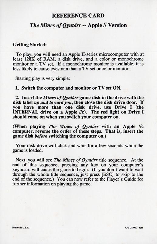Reference Card for The Usurper: The Mines Of Qyntárr (Apple II and DOS) (5.25" and 3.5" versions): Apple II