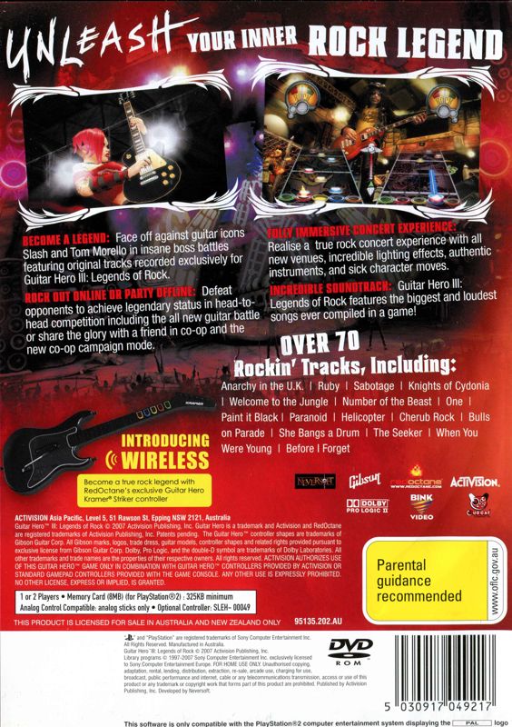 Back Cover for Guitar Hero III: Legends of Rock (PlayStation 2)