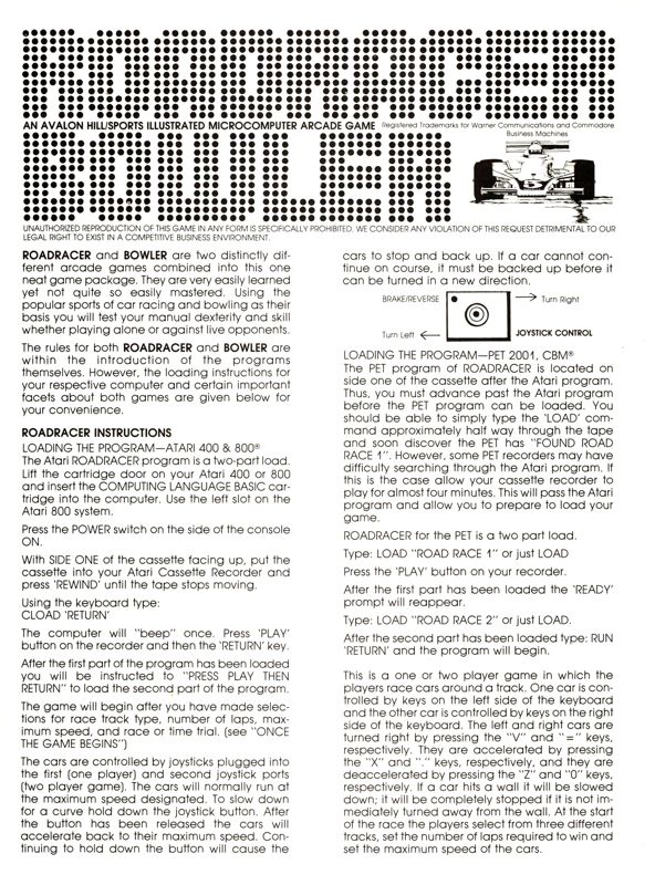 Manual for Roadracer Bowler (Atari 8-bit and Commodore PET/CBM): Front
