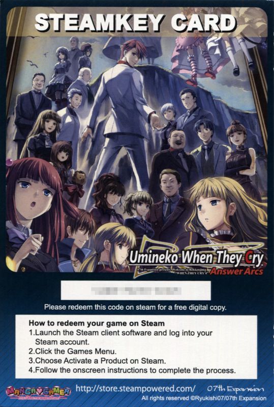 Extras for Umineko: When They Cry - Answer Arcs (Linux and Macintosh and Windows): (Optional) Steamkey
