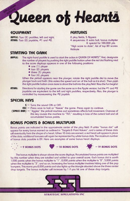 Reference Card for Queen of Hearts (Apple II and Atari 8-bit)