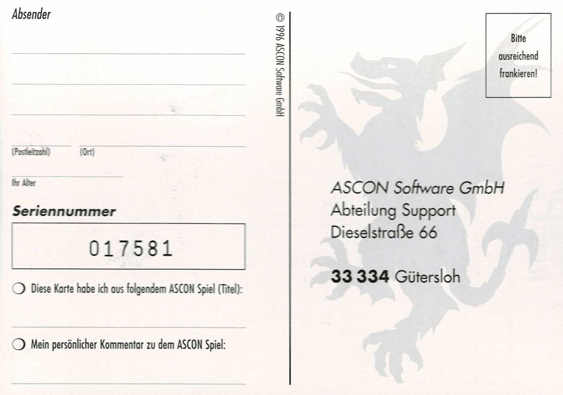 Extras for The Patrician (DOS) (Ascon Classic release): Registration Card - Front