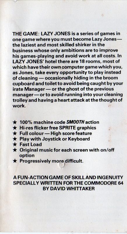 Inside Cover for Lazy Jones (Commodore 64)