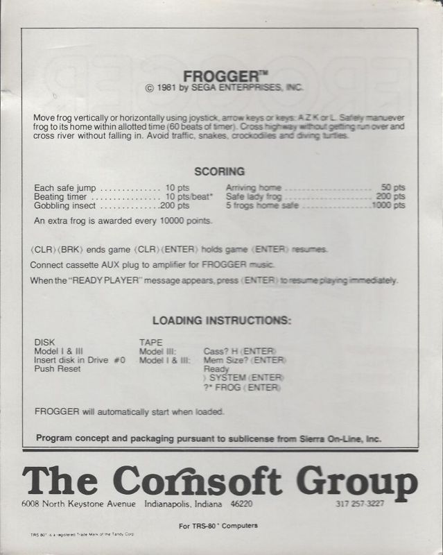 Back Cover for Frogger (TRS-80) (Original Cornsoft release, cassette version)