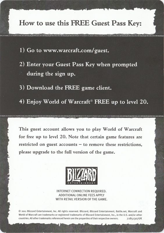 Extras for StarCraft II: Legacy of the Void (Macintosh and Windows): <i>World of WarCraft</i> guest pass key - Back