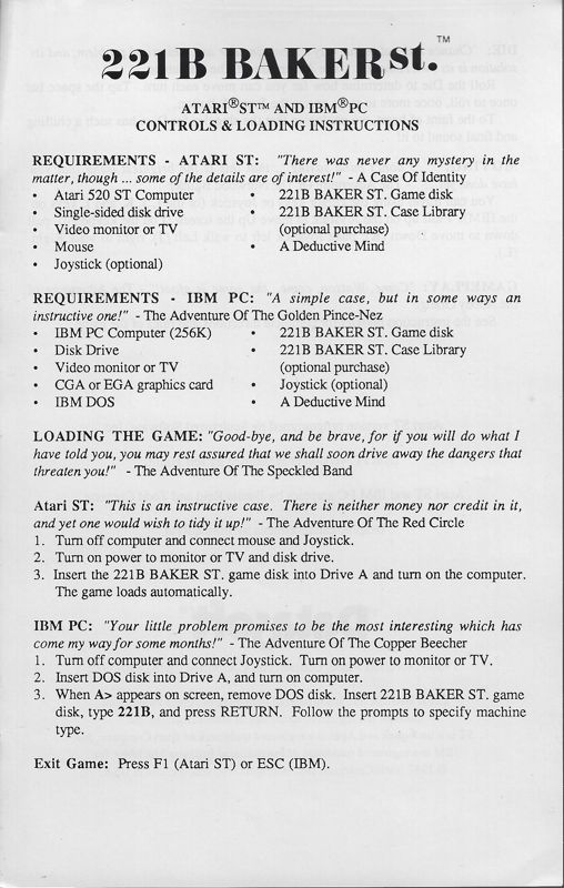 Reference Card for 221 B Baker St. (Apple II and DOS)