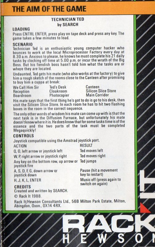 Inside Cover for Technician Ted (Amstrad CPC) (Rack-It budget release)