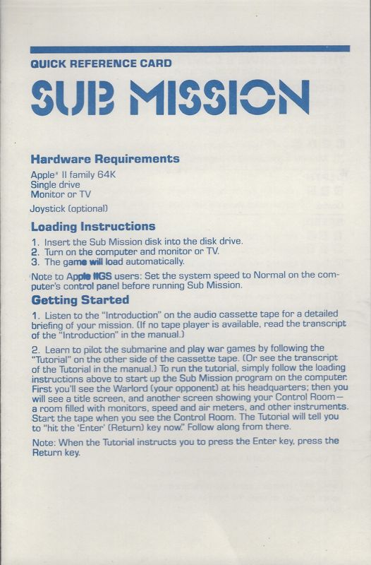 Reference Card for Sub Mission (Apple II)