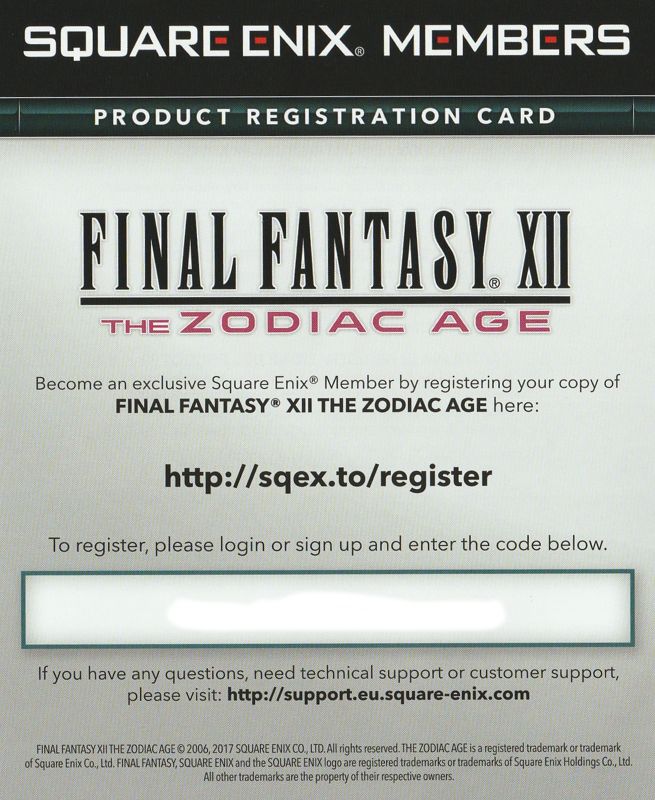 Extras for Final Fantasy XII: The Zodiac Age (PlayStation 4): Registration Card - Front