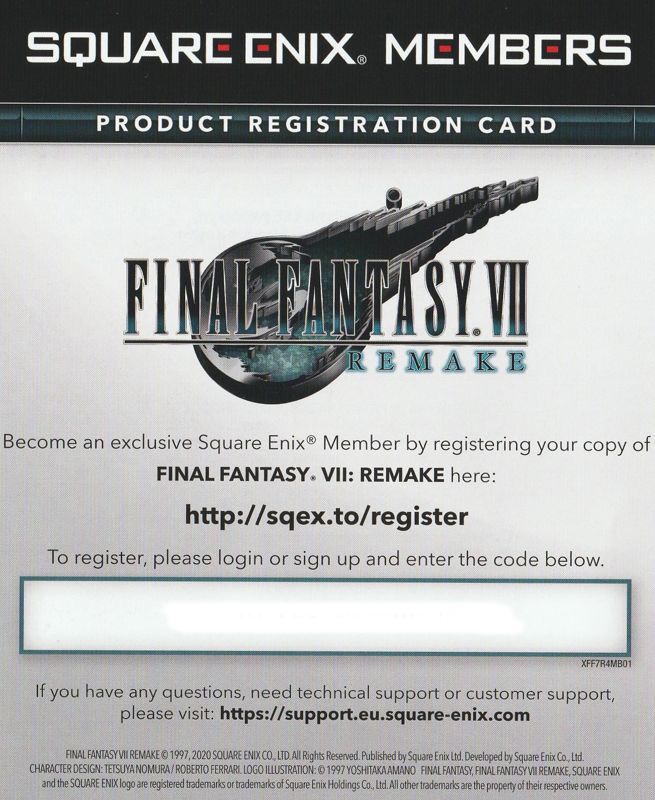 Extras for Final Fantasy VII: Remake (PlayStation 4): Registration Card - Front