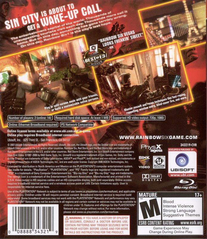 Back Cover for Tom Clancy's Rainbow Six: Vegas (PlayStation 3)