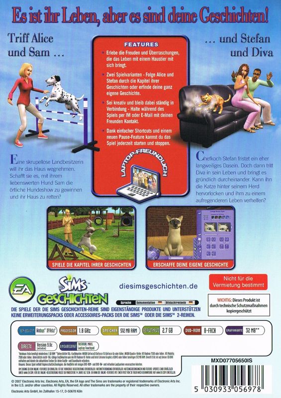 Back Cover for The Sims: Pet Stories (Windows) (re-release)