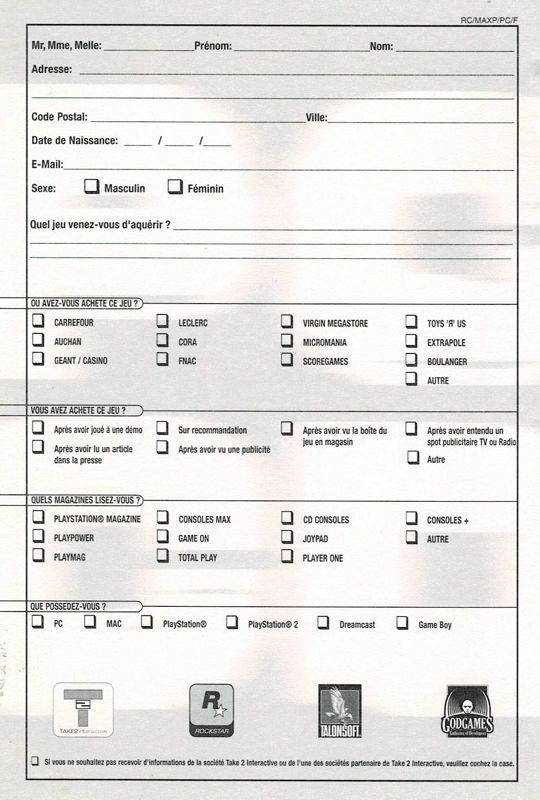 Extras for Max Payne (Windows) (Take2 Advantage release): Registration Card - Back