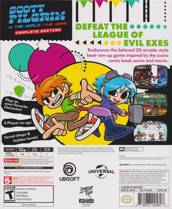 Back Cover for Scott Pilgrim vs. The World: The Game - Complete Edition (Classic Edition) (Nintendo Switch) (Sleeved Clam-shell Box)