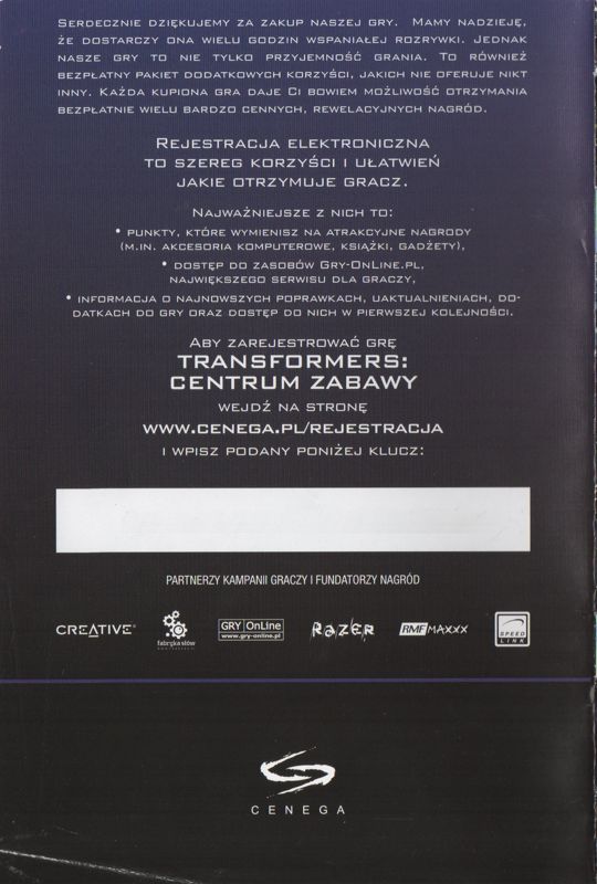 Manual for Transformers: The Game (Windows): Back