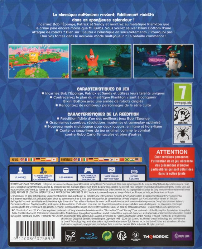 Back Cover for SpongeBob SquarePants: Battle for Bikini Bottom - Rehydrated (PlayStation 4)