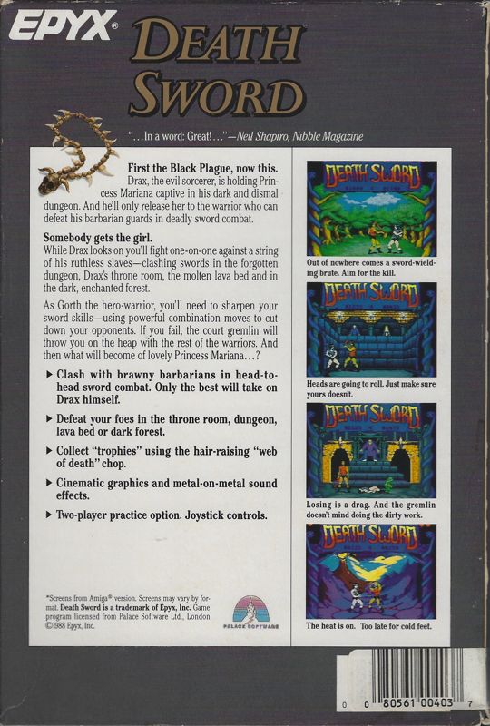 Back Cover for Death Sword (DOS) (3.5" Diskette release)
