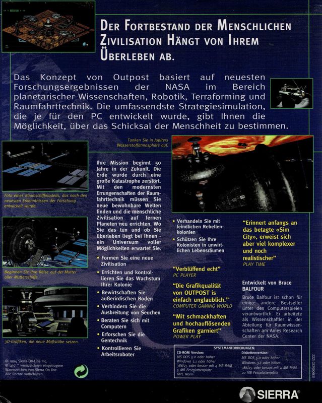 Back Cover for Outpost (Windows 16-bit) (Schweinepreise release)