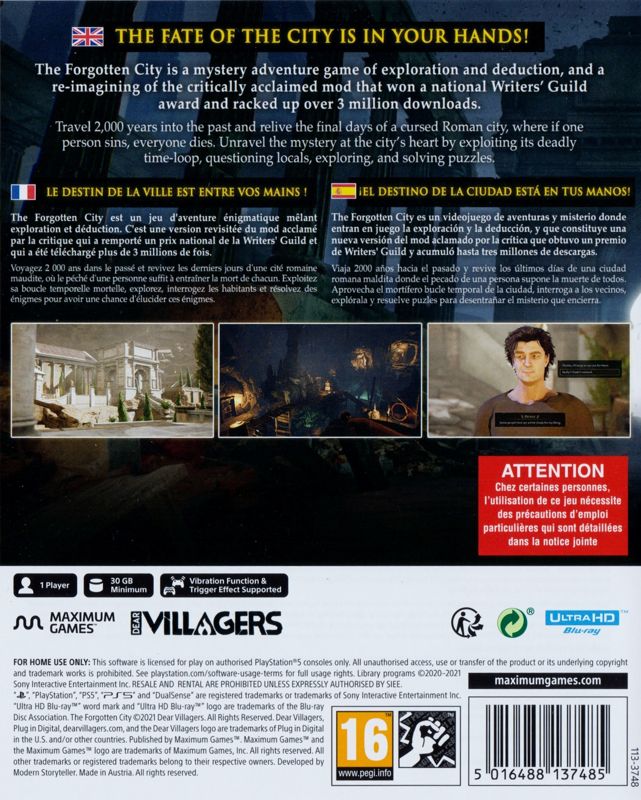 Back Cover for The Forgotten City (PlayStation 5)