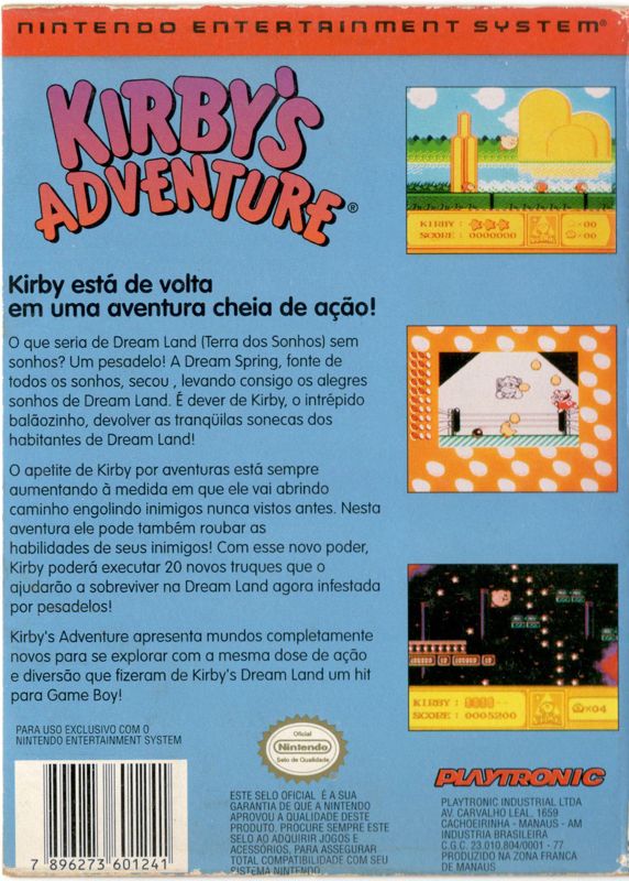 Back Cover for Kirby's Adventure (NES) (Playtronic release)