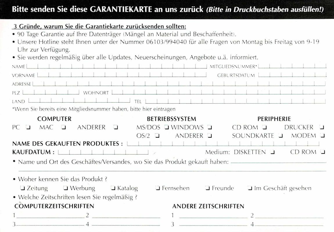 Extras for Outpost (Windows 16-bit) (Schweinepreise release): Registration Card - Back