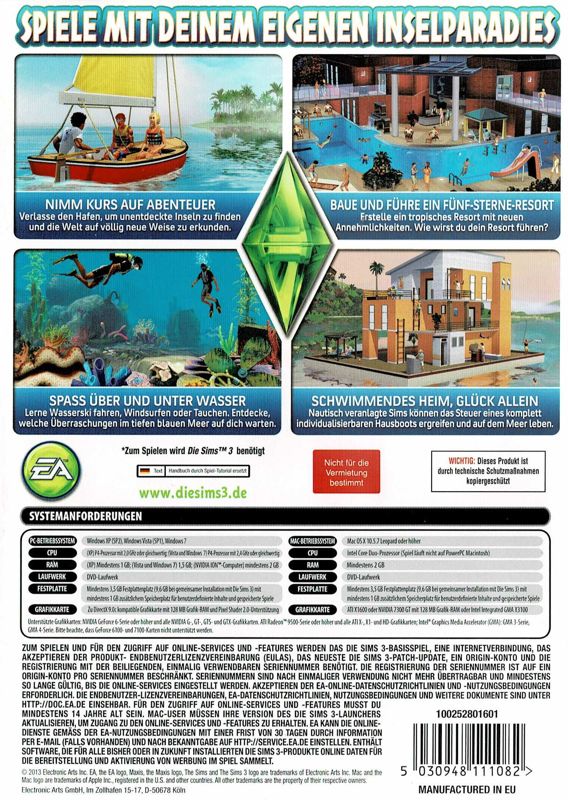 Back Cover for The Sims 3: Island Paradise (Macintosh and Windows)