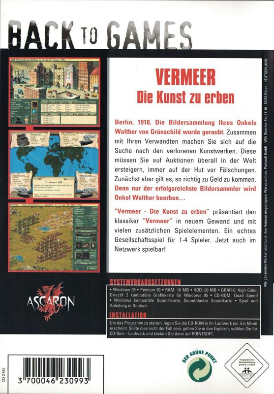 Back Cover for Vermeer: Die Kunst zu erben (Windows) (Back to Games release)