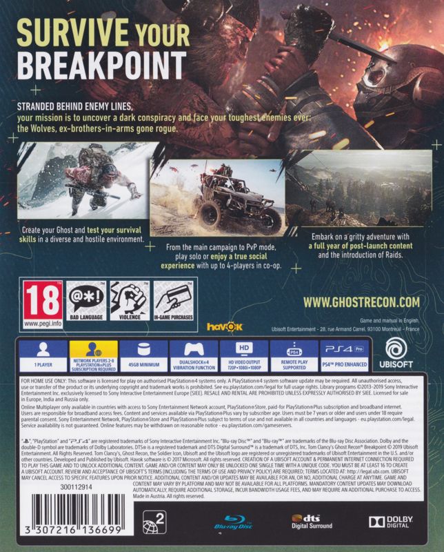 Back Cover for Tom Clancy's Ghost Recon: Breakpoint (PlayStation 4)