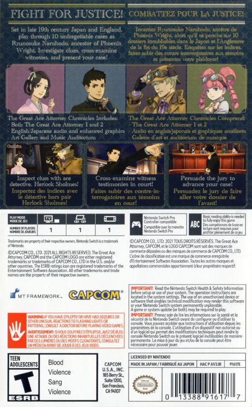 Back Cover for The Great Ace Attorney Chronicles (Nintendo Switch)