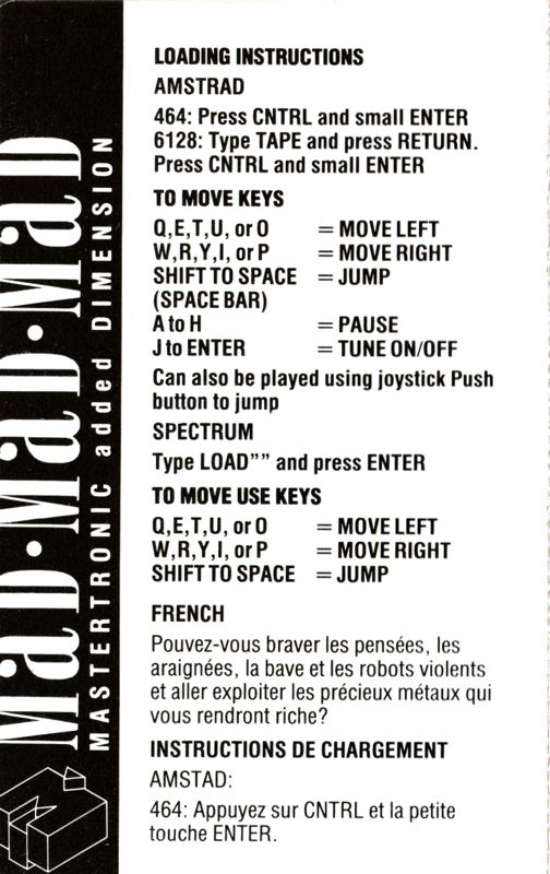 Inside Cover for Manic Miner (Amstrad CPC): Left