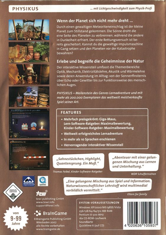 Back Cover for Physicus: Save the World with Science! (Windows) (Clever spielen release)