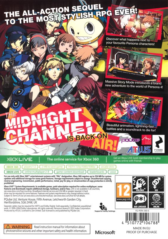 Back Cover for Persona 4: Arena (Xbox 360) (General European release)