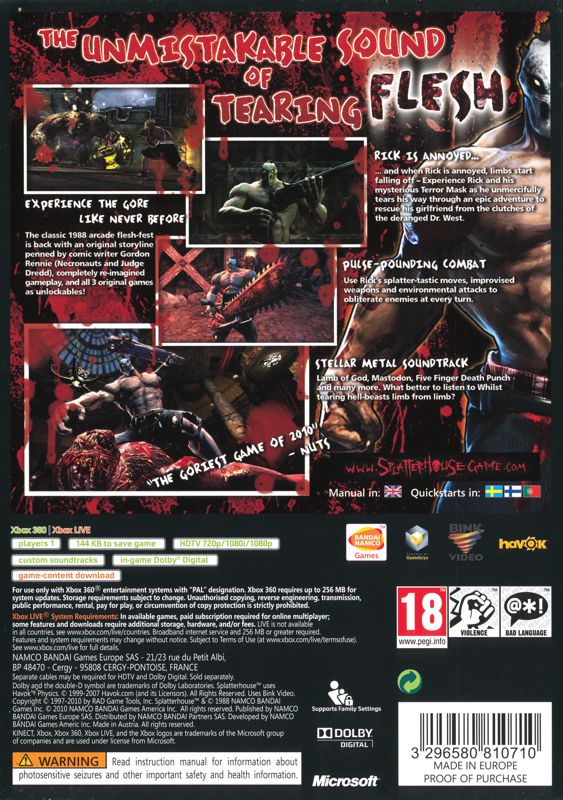 Back Cover for Splatterhouse (Xbox 360) (General European release)