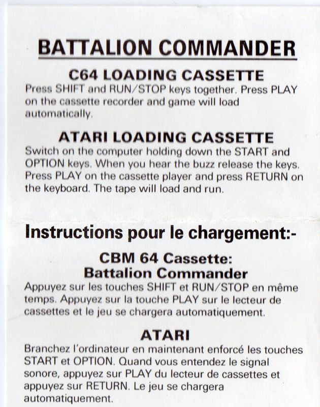 Manual for Battalion Commander (Commodore 64): Cassette Addendum