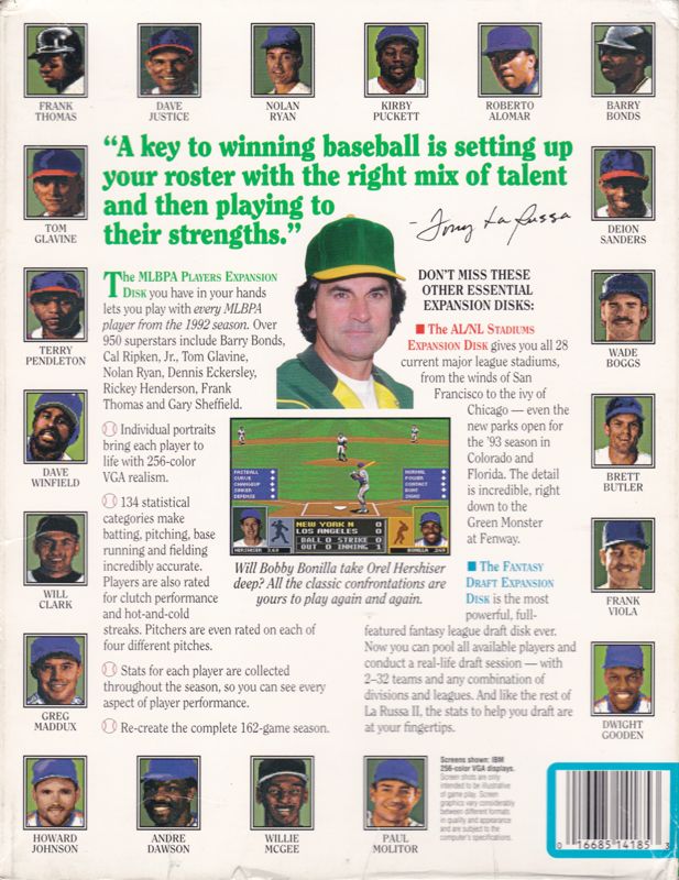 Back Cover for Tony La Russa Baseball II: 1992 Players Expansion Disk (DOS) (3.5" Disk version)