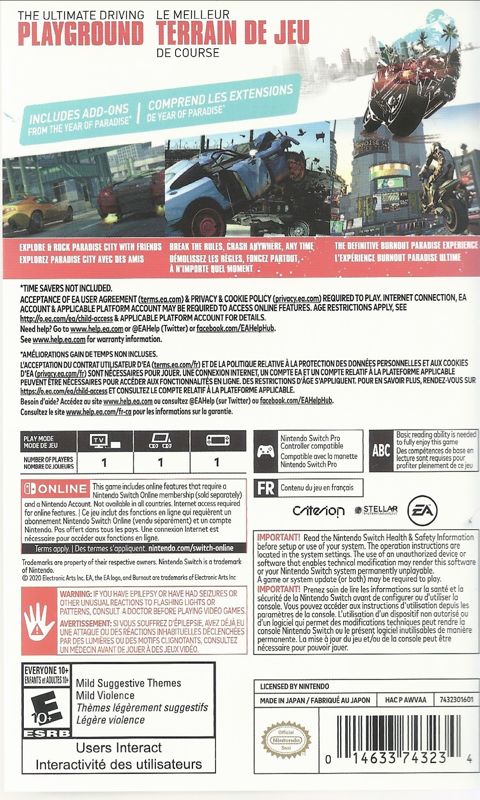 Back Cover for Burnout: Paradise - Remastered (Nintendo Switch)